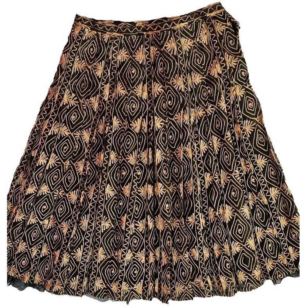 Vintage Zoe D India 100% Silk Knee Length Black‎ Gold Embroidered Skirt Small 26